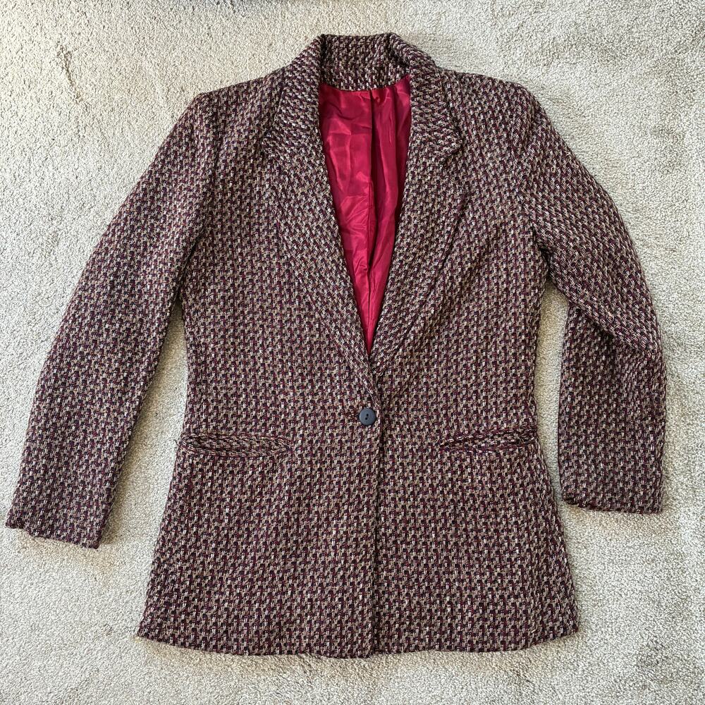 Vintage Y2k Plaid Burgundy Red Woven Tweed Long Blazer Jacket Size M